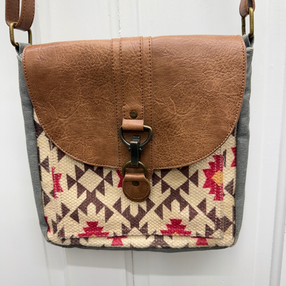 Mona B Alisa Up-Cycled Canvas Durrie Crossbody Bag Aztec Southwestern Print Gray